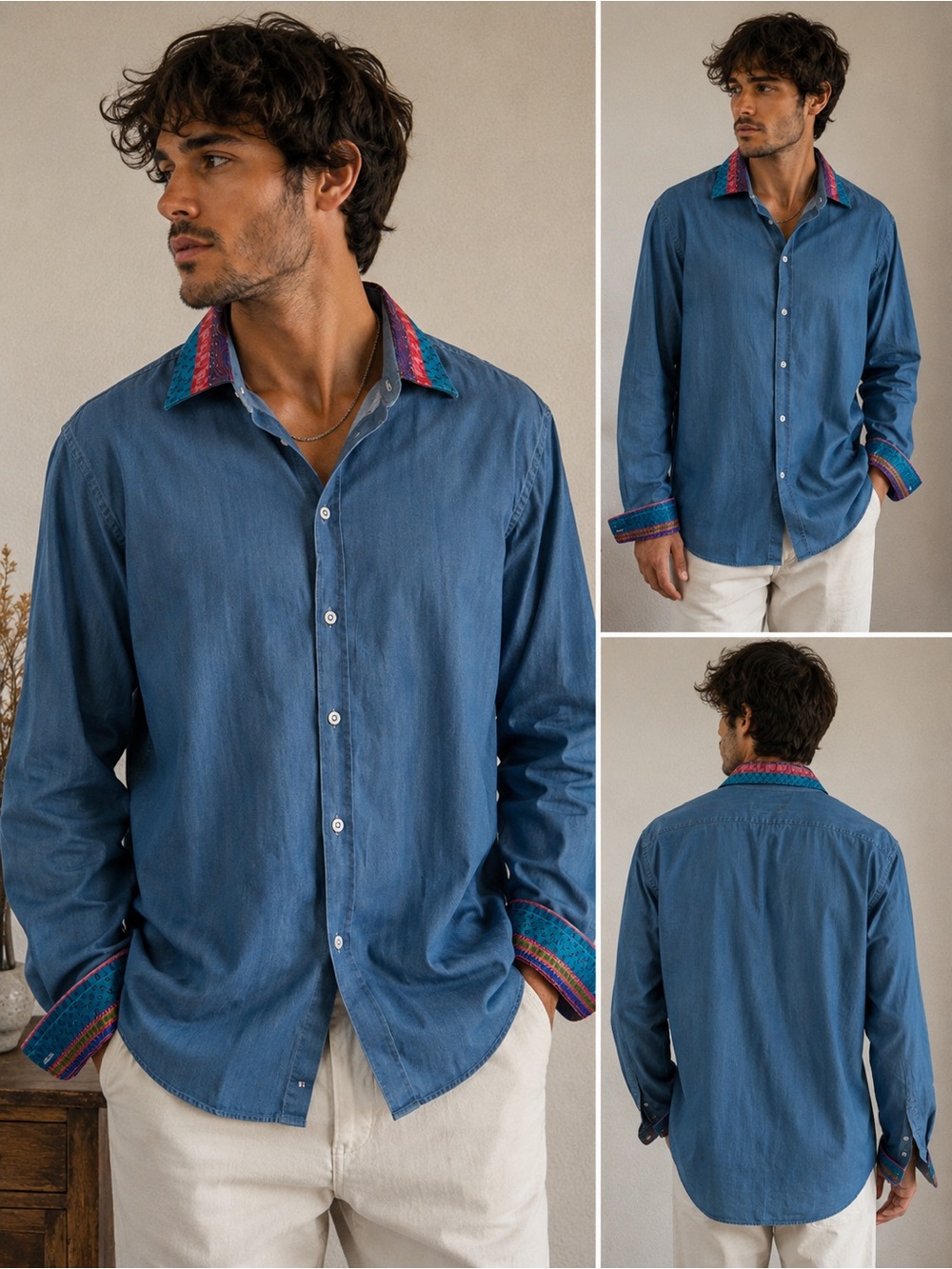 Etro Milano Made In Italy Blue Button Front Dress Shirt 3XL Paisley Trim Cotton